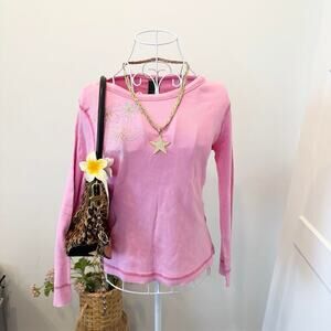 Stunning pink gem rhinestone henley thermal long sleeve- y2k vintage